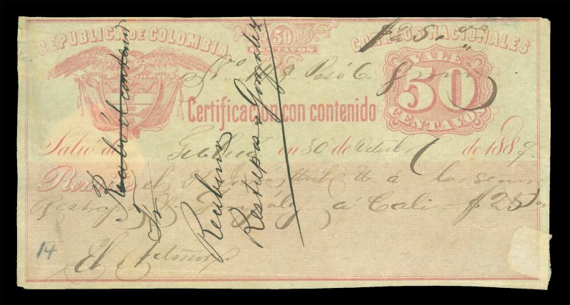 COLOMBIA 1887  INSURED LETTER STAMPS Cubiertas  50c rose  Scott # G9 used