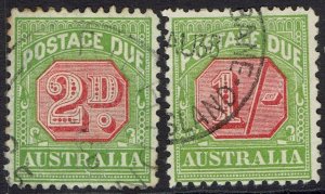 AUSTRALIA 1931 POSTAGE DUE 2D AND 1/- WMK C OF A PERF 11 USED