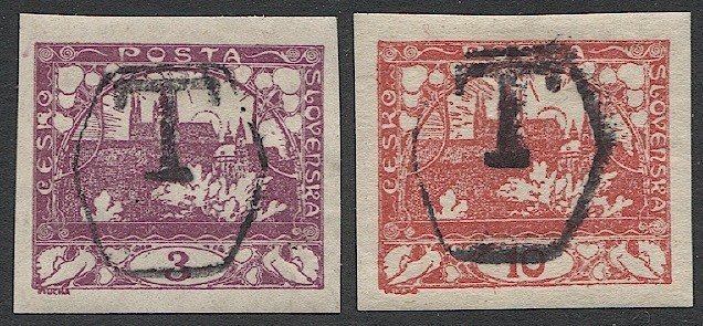 CZECHOSLOVAKIA 1918 Sc 1,3  3h,10h Mucha Hradcany Castle mint MLH  VF T Due