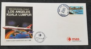 USA US Los Angeles First Flight Malaysia KL 1986 Aviation Airplane FDC *dual PMK