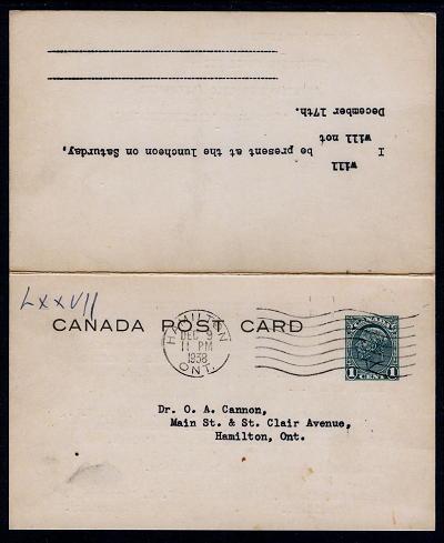 Canada  #P64 Used 1938 scarce post card with reply attached 