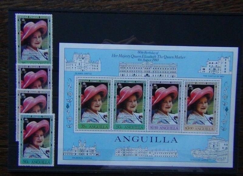 Anguilla 1980 80th Birthday of Queen Mother set & Miniature Sheet MNH