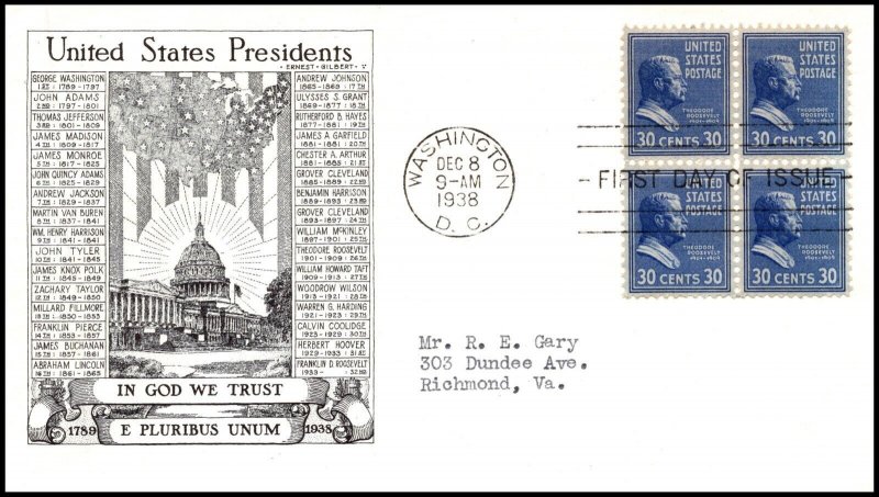 Scott 830 30 Cents Roosevelt Historic Arts FDC - Typed Address Blk Planty 830-62