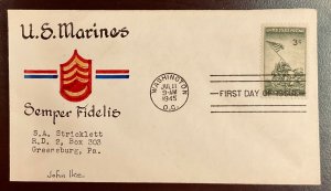 929 John Ike Hand Painted Cachet US Marines Iwo Jima WWII FDC  1945