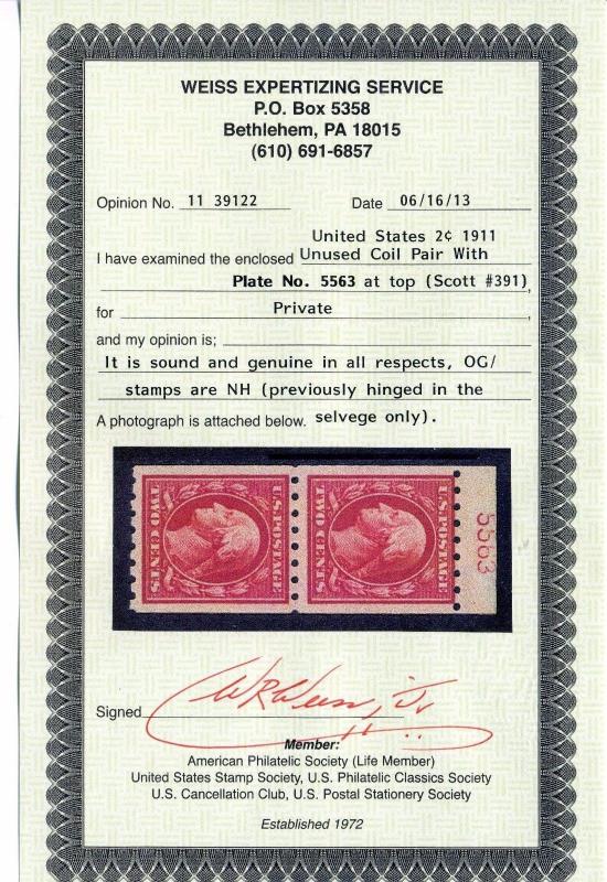 Scott #391 Washington Mint Plate # Selvage Coil Pair of 2 Stamps w/Weiss Cert!!