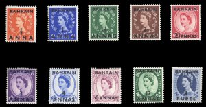 Bahrain #81-90 Cat$32.30, 1952-54 QEII  complete set, overprinted in black, n...