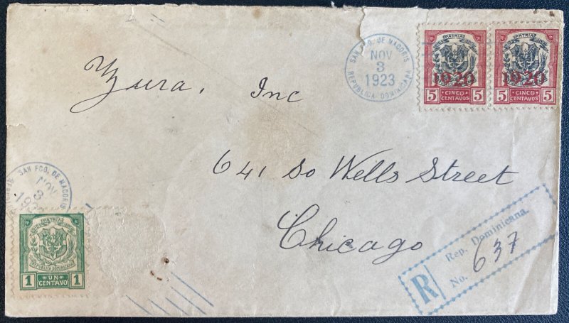 1923 San Pedro Macoris Dominican Republic Registered Cover To Chicago iL Usa 