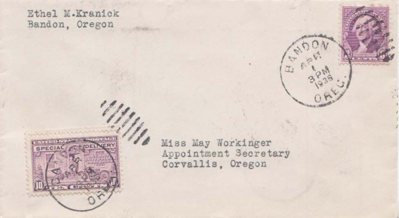 United States Oregon Bandon 1936 duplex  3c Washington 1934 Issue and 10c Mot...