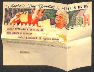 WESTERN UNION TELEGRAM MOTHER'S DAY FORT BENNING GEORGIA TO OHIO MILITARY 1940s