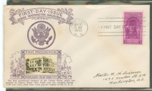 US 854 1939 3c Washington's First Inauguration on an addressed FDC with a Crosby cachet (thermograph)