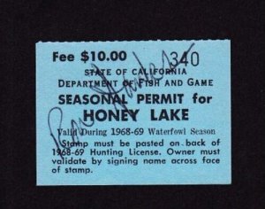 State Revenue California 1968-69 $10 Honey Lake Duck Hunting Stamp RARE VF Used