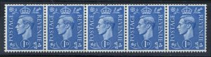 GB 1951 1d coil strip of 5 with retouched forehead & temple variety unmounted