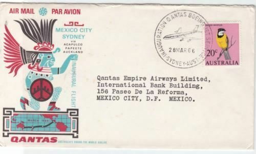 qantas 1966 sydney australia mexico  air mail stamps  flight cover ref r15418