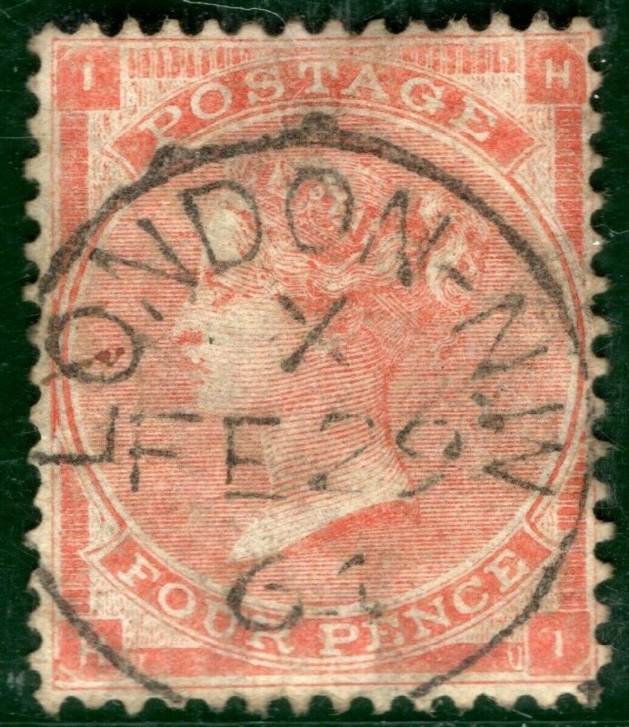 GB QV SG.82 4d Pale Red (Hairlines, Plate 4) Superb London 1864 CDS Used GRED69