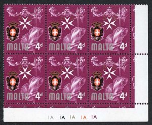 MALTA SG336a 1965-70 4d Knights of Malta Error SILVER OMITTED Block of SIX U/M