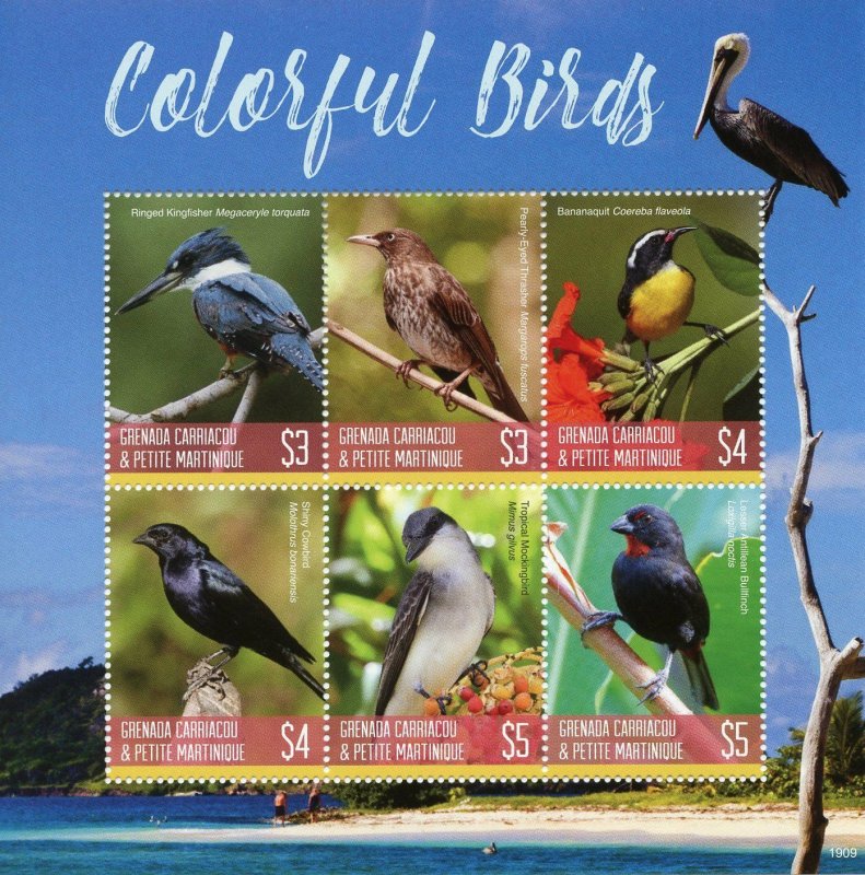 Grenadines Grenada 2019 MNH Colorful Birds Kingfishers Finches 6v M/S Stamps