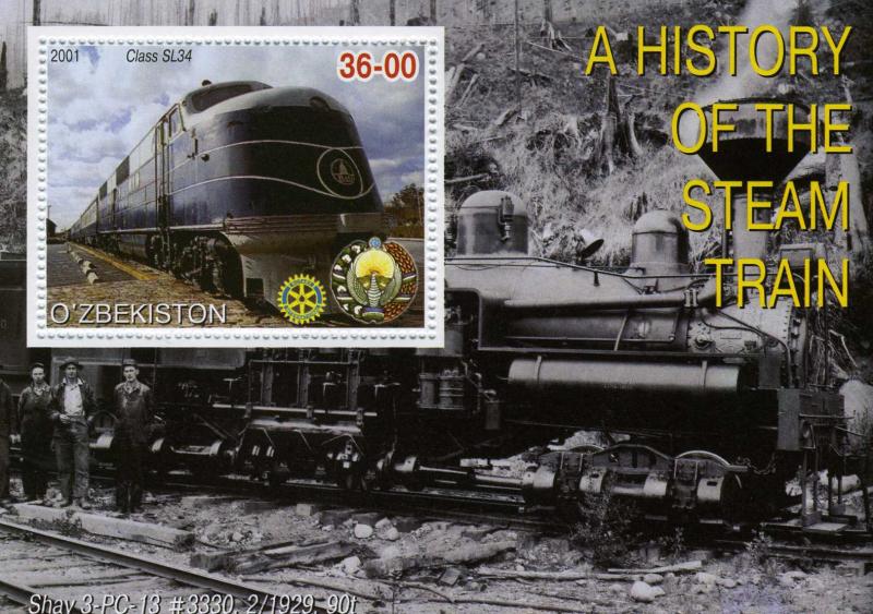 Uzbekistan 2001 STEAM TRAINS Rotary Emblem s/s Perforated Mint (NH)