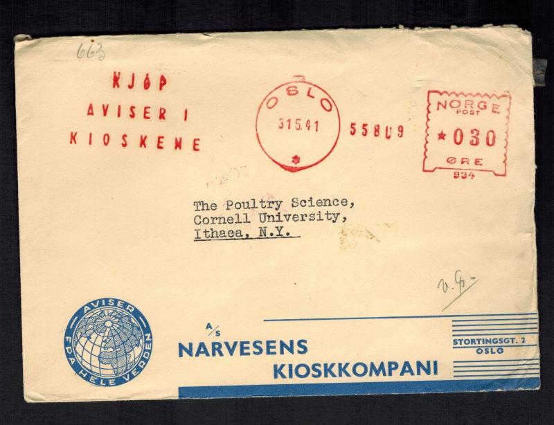 1941 Norway Oslo Censored Meter cover to USA Cornell University