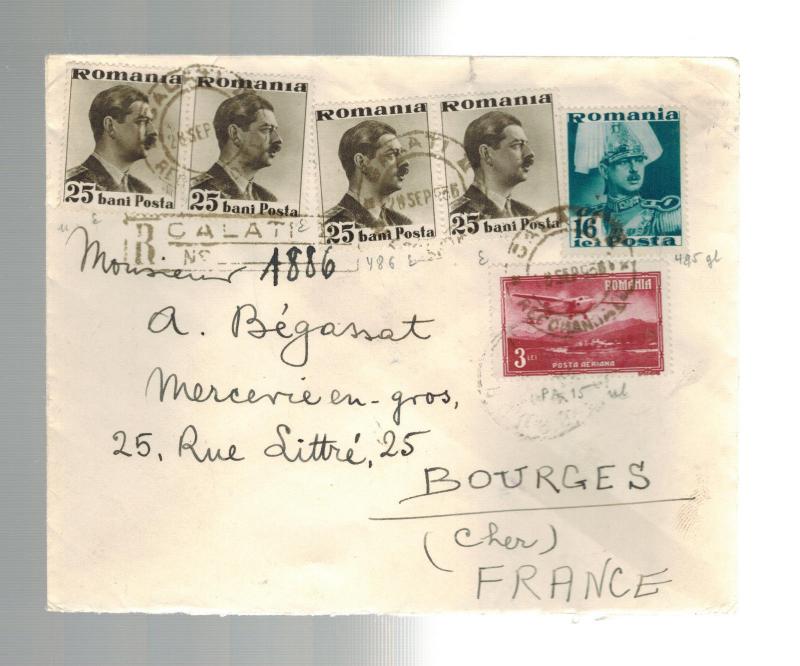 1936 Galatz Romania Registered Cover to Bourges France