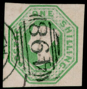 GB QV SG54, SCARCE 1s pale green CUT SQUARE, FINE USED. Cat £1000.