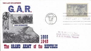 1951 FDC, #997, 3c Grand Army of the Republic, designer unknown M-40