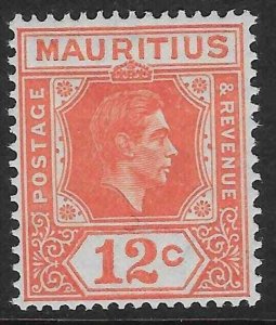 MAURITIUS SG257b 1942 12c SALMON p15x14 MTD MINT