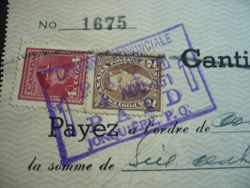 Canada - Revenue - KGVI Mufti & War Issue Stamps on cheque dated 1951