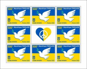 Togo - 2022 Peace for Ukraine, Dove & Olive Branch - 8 Stamp Sheet - TG220240f