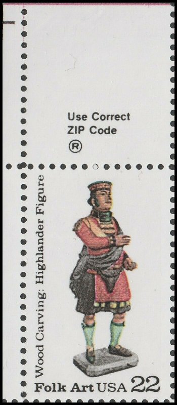 US 2240 Folk Art Wood Carving Highlander Figure 22c zip single UL MNH 1986