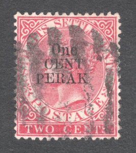 Malaya - Perak, Scott #27   VF, Used, 1c on 2c rose, CV $57.50 ......  4990013