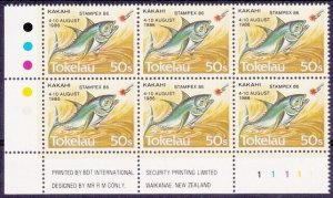 TOKELAU 1986 50s Fish with STAMPEX 86 overprint MNH - plate block of 6......z371