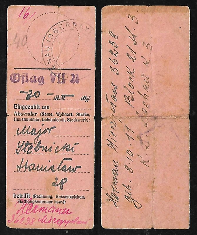 WWII MONEY TRANSFER RECEIPT FROM OFLAG POW CAMP TO CONC. CAMP DACHAU