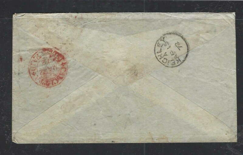 INDIA COVER (P2612B) 1872  8A QV RED CALCUTTA PAID TO ENGLAND