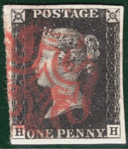 GB PENNY INTENSE BLACK QV 1840 Stamp SG.1 1d Plate 6 (HH) Red MX Cat £525+ YOR29