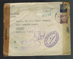 1944 Funchal Portugal Dual censored cover to USA