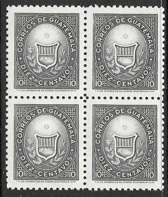 GUATEMALA 1963-66 10c Slate 1871 Stamp Issue BLOCK OF 4 Scott No. 388 MNH