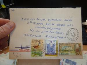 Ivory Coast 100F Pope John Paul + 2 stamps on 1985 cover to Pakistan(36bef)
