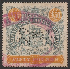 RHODESIA 1897 Arms Revenue £50 grey-green & orange, perf 15.