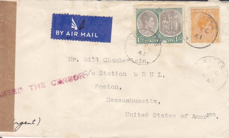 1941, St. Kitts/Nevis to Boston, Censored, See Remark (C424)