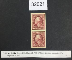 US STAMPS #344V IMPERF COIL PAIR MINT OG NH $50 LOT #32021