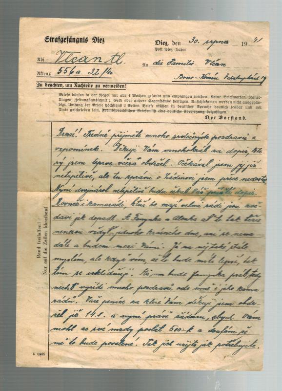 1941 Germany Diez Prison Letter & Cover from Alois Vlcan to Brno Czechoslovakia