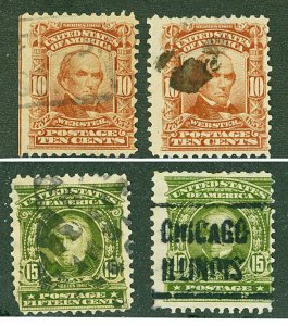 Scott 307,309 10c,15c Regular Issue Used Four Copies Total Cat $31