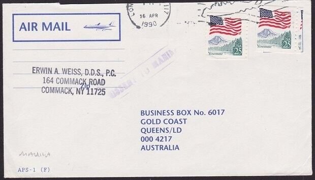 USA TO AUSTRALIA 1990 cover MISSENT TO MANILA Philippines...................6717