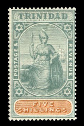 Trinidad #87 Cat$65+ (for hinged), 1896 5sh green and orange, never hinged, p...