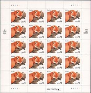 WCstamps: U.S. Scott #3036 / $90 - $1 Red Fox Sheet (20), VF, Mint OGnh