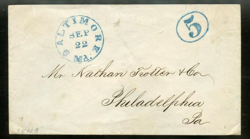 UNITED STATES BALTIMORE  MD  SEP 22  STAMPLESS COVER TO PHILADELPHIA 5 BLUE PAID