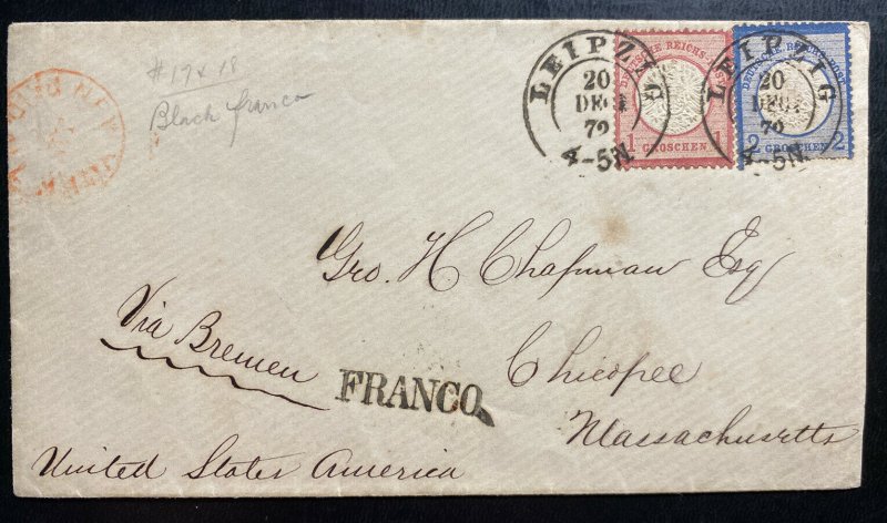 1872 Leipzig Germany Vintage Cover To Chicopee MA USA 