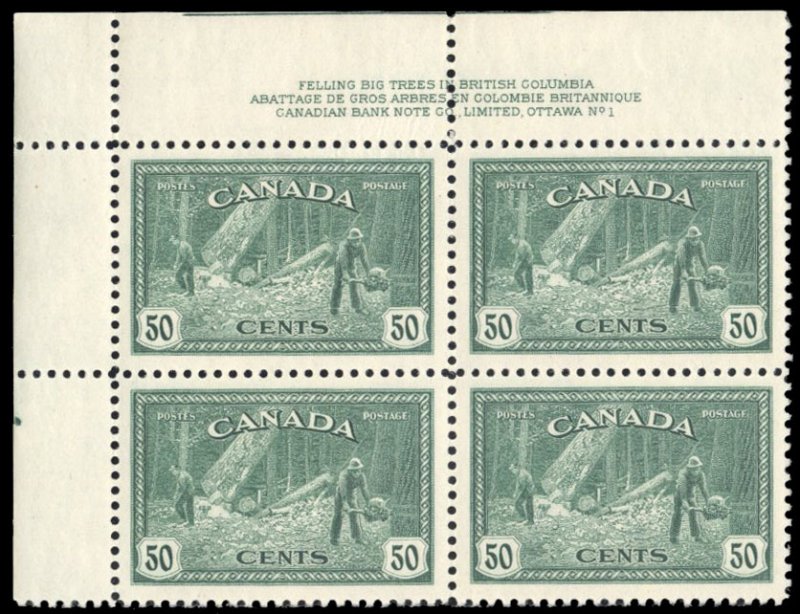 Canada #272 Cat$140, 1946 50c dark blue green, plate block of four, never hinged