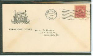 US 657 1929 2c Sullivan Expedition on an addressed first day cover with an Owego, NY cancel and a generic cachet from an unknown