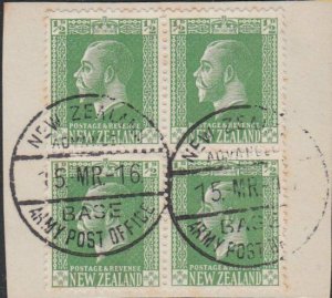 NEW ZEALAND 1916 GV ½d block of 4 ADVANCED BASE ARMY POST OFFICE cds........J442